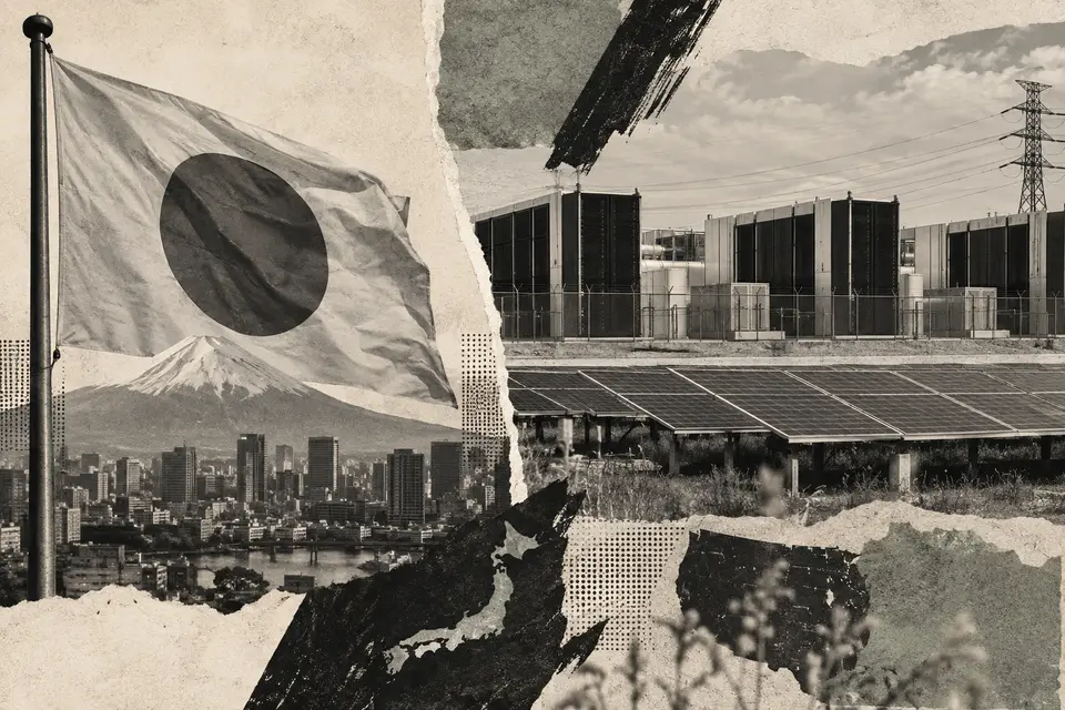 Generated editorial illustration for: SB Energy plans up to $500M Japan share sale alongside United States IPO