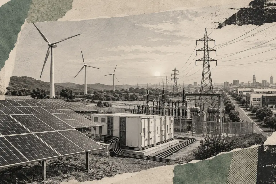 Generated editorial illustration for: AMPIN secures up to $100M for solar, wind and storage expansion