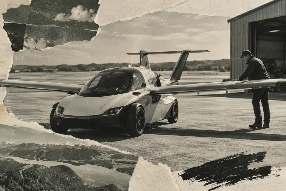 Generated editorial illustration for: Samson Sky announces $80M to bring its road-and-air vehicle into production