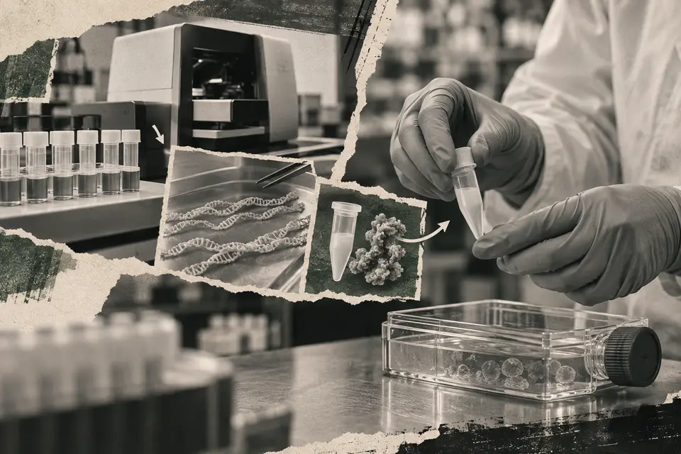 Generated editorial illustration for: Basecamp Research raises $140M for AI-designed cell therapy