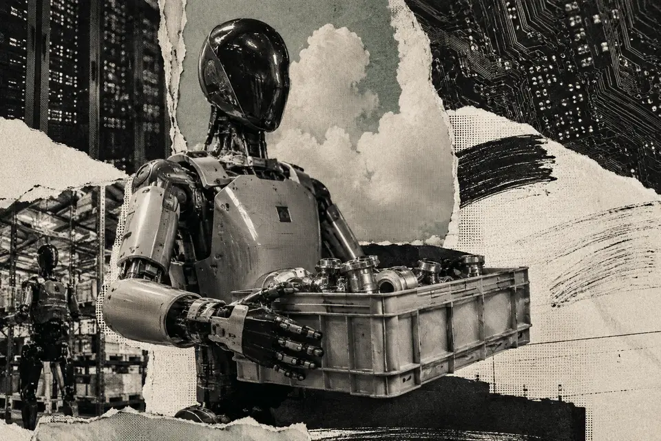 Generated editorial illustration for: Figure brings Nscale into its robot business with a $3.5B compute commitment