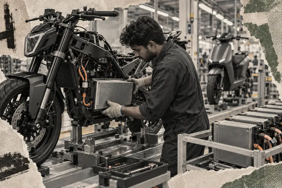 Generated editorial illustration for: Ultraviolette raises $85M to scale electric two-wheelers
