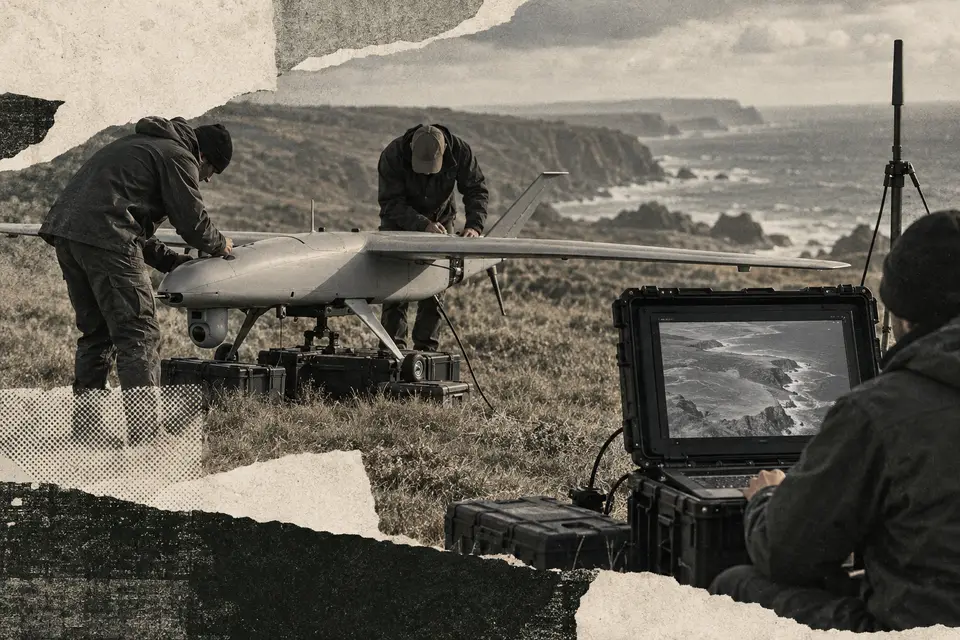 Generated editorial illustration for: TEKEVER raises $580M for autonomous surveillance systems