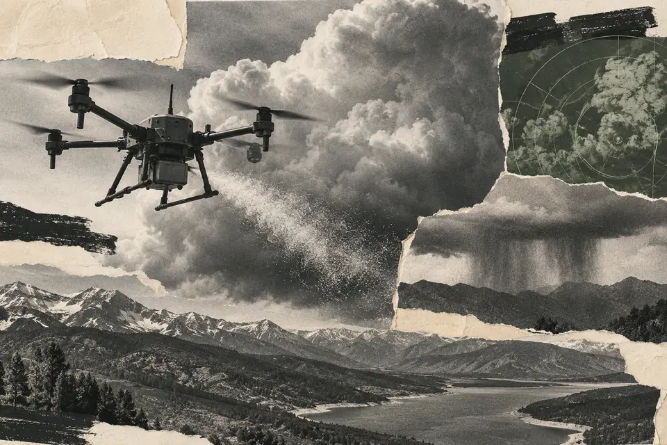 Generated editorial illustration for: Rainmaker raises $100M to turn cloud seeding into measured water